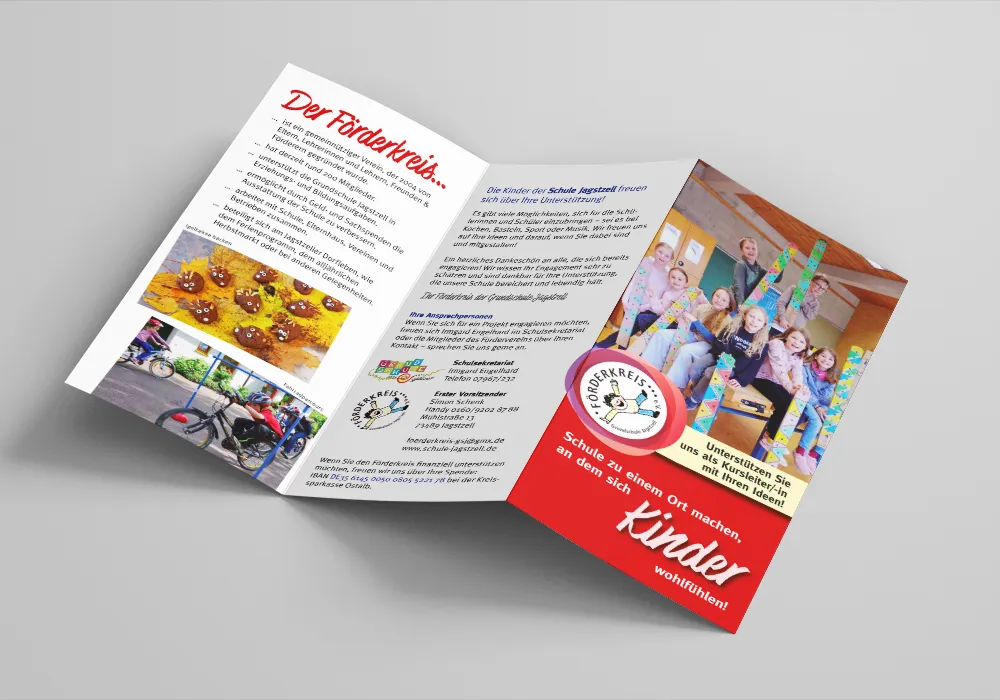 DIN Lang Flyer für den Förderkreis der Grundschule Jagstzell mit dem Aufruf, Mitglied zu werden